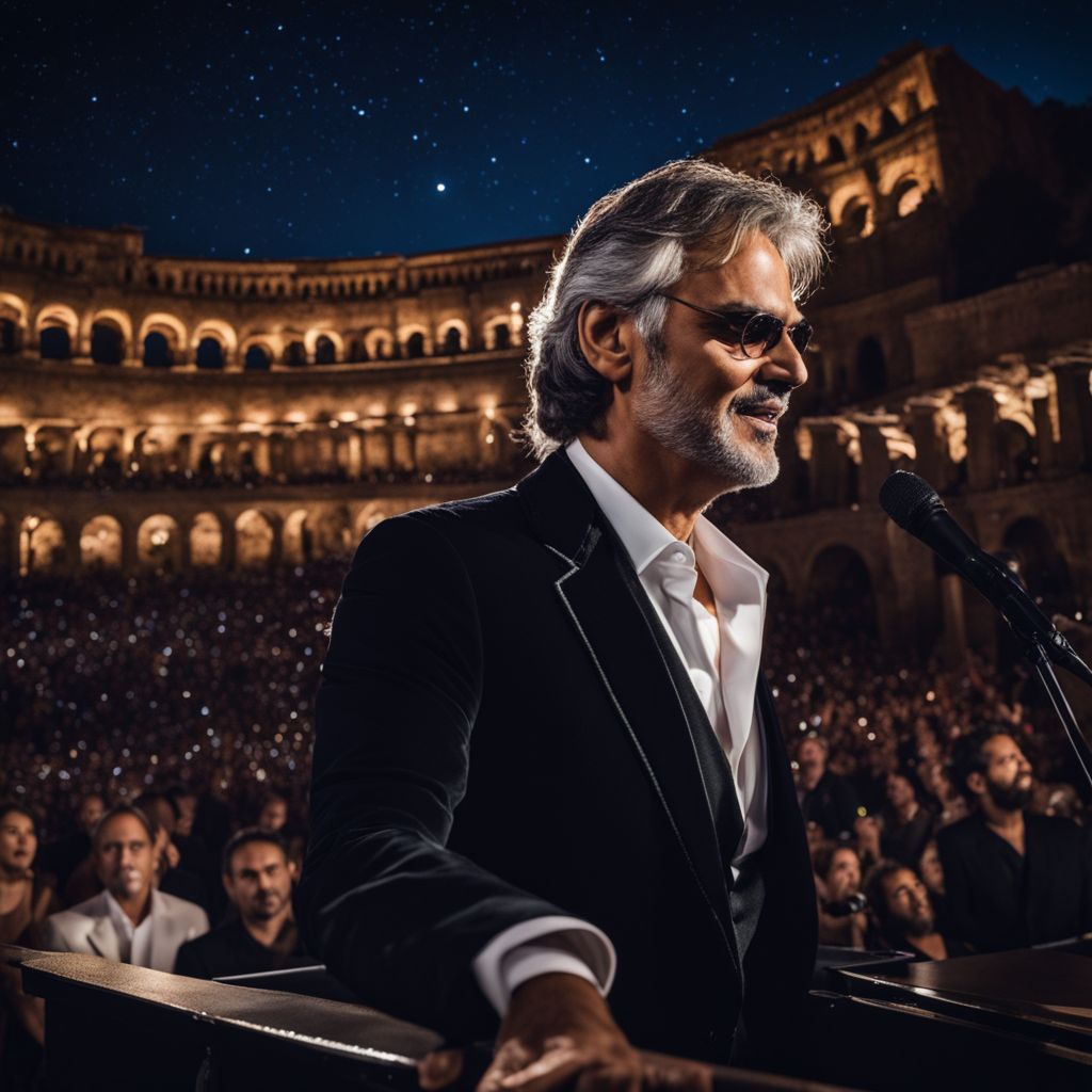 Andrea Bocelli performs in a historic amphitheater under a starry sky.