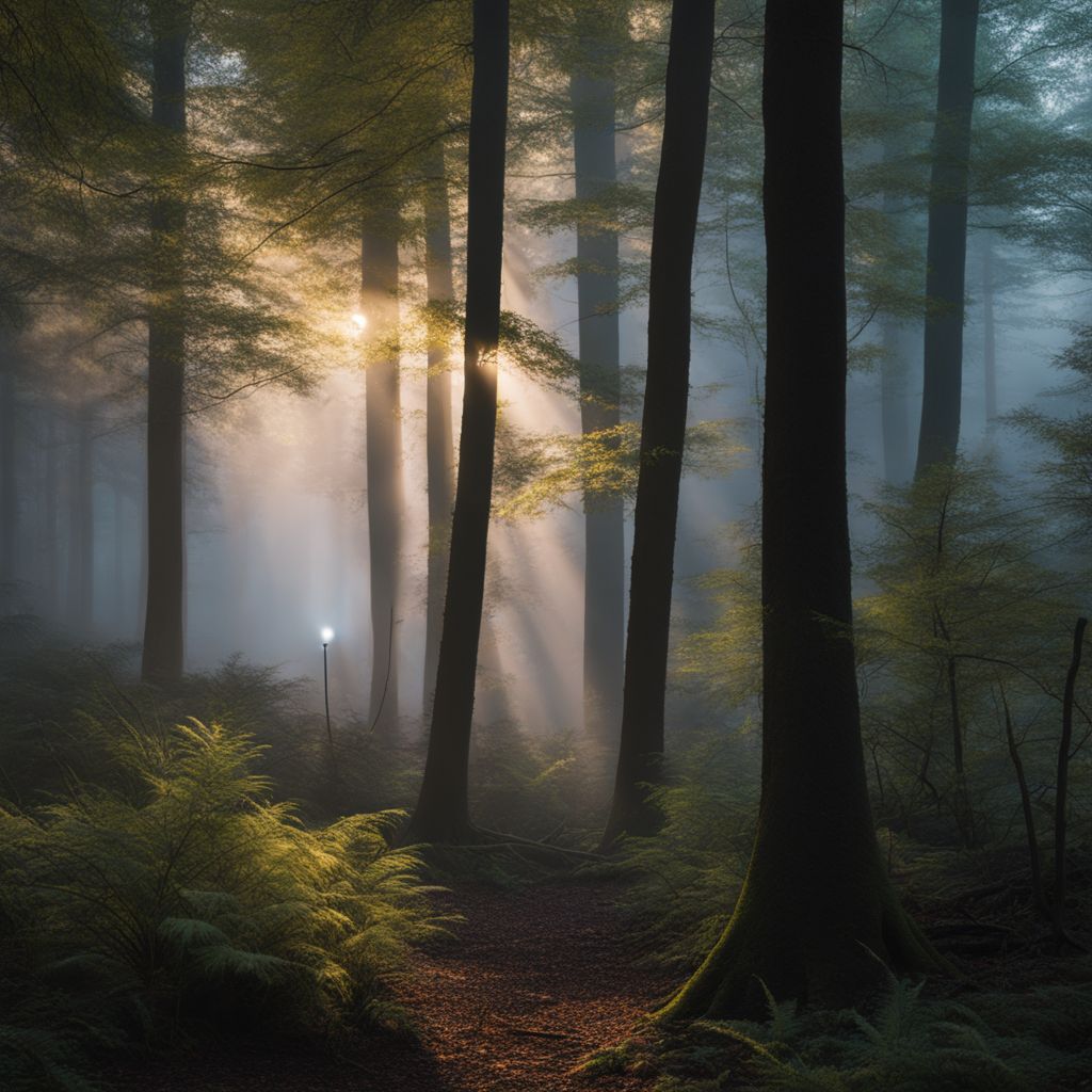 A misty forest with a spotlight on a microphone in nature.