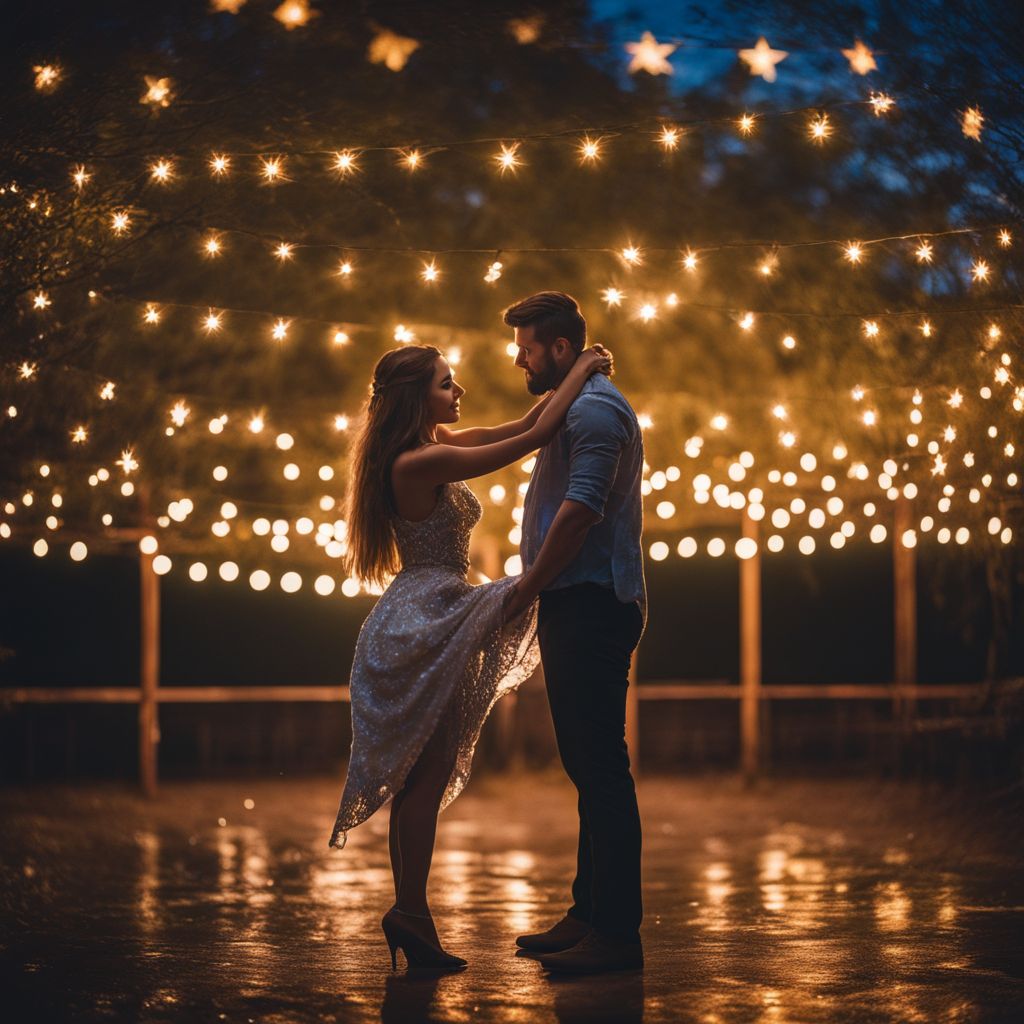 A couple slow dancing under starry sky surrounded by twinkling lights.