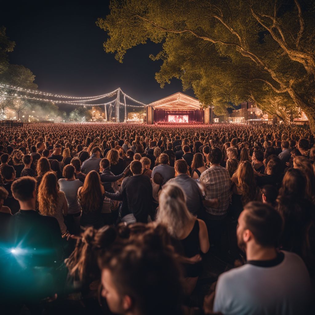 A diverse crowd enjoying an outdoor concert under twinkling lights.
