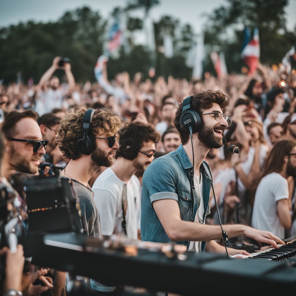 AJR band members performing at a music festival in different outfits.