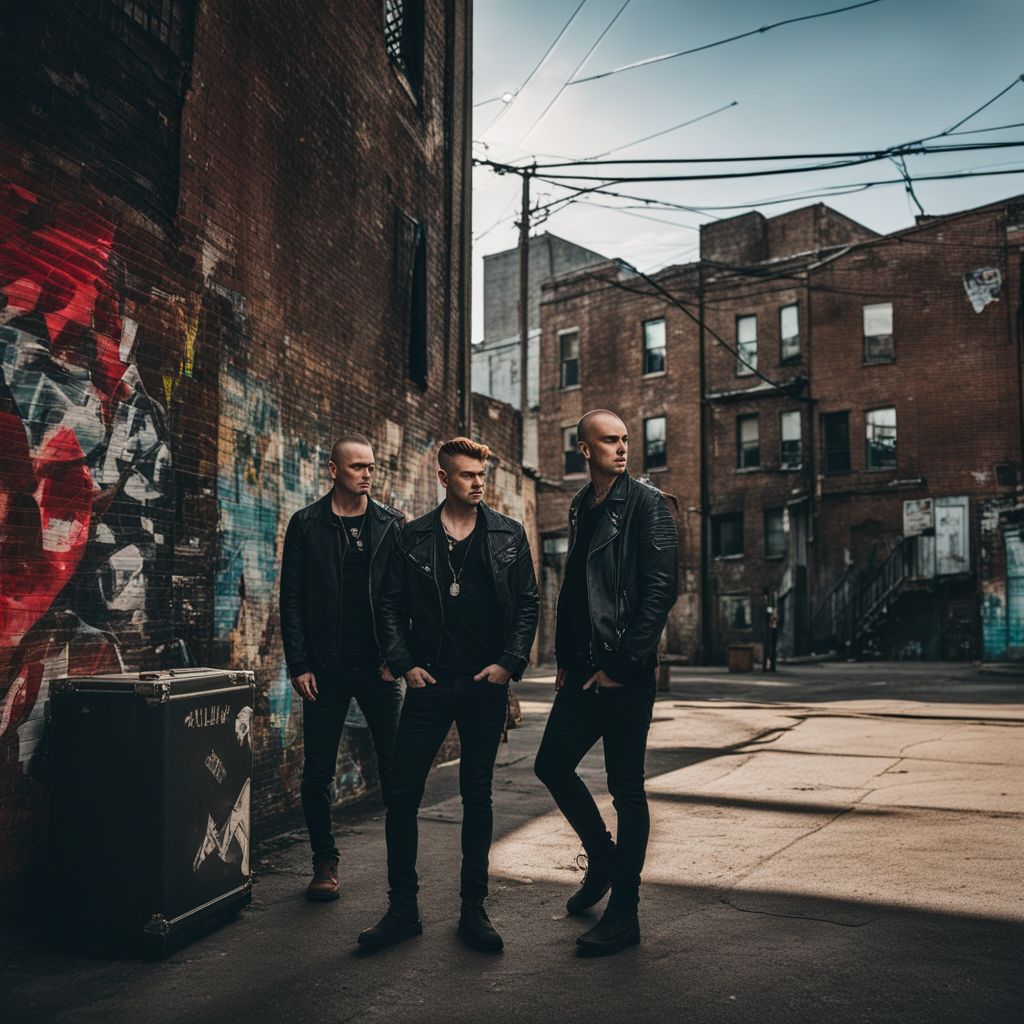 The Alkaline Trio's album artwork in an urban alleyway, featuring diverse individuals.
