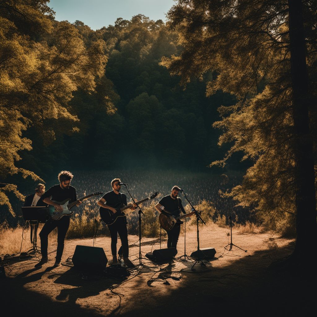 The band Alt-J performing in a surreal forest setting with cinematic lighting.
