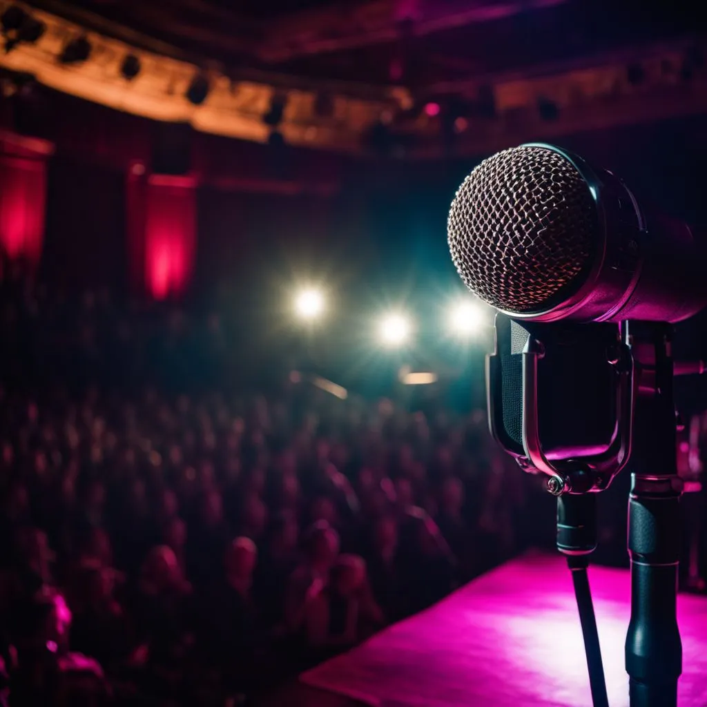 A vintage microphone on a stage in a bustling concert hall.