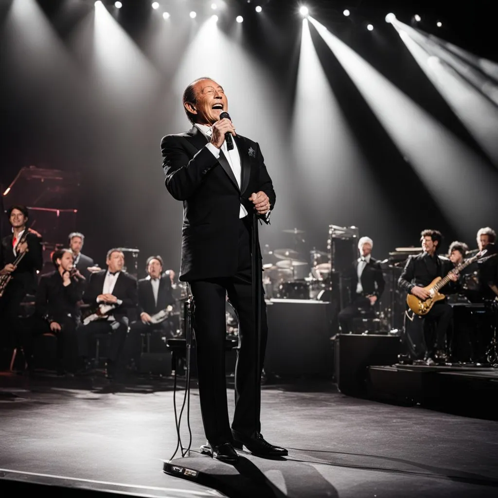 Paul Anka performing live on stage with a captivated audience.