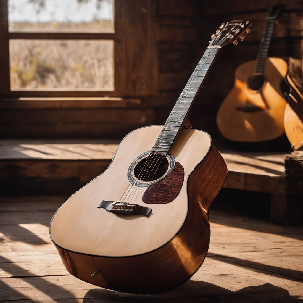 A vintage acoustic guitar on a rustic wooden stage.