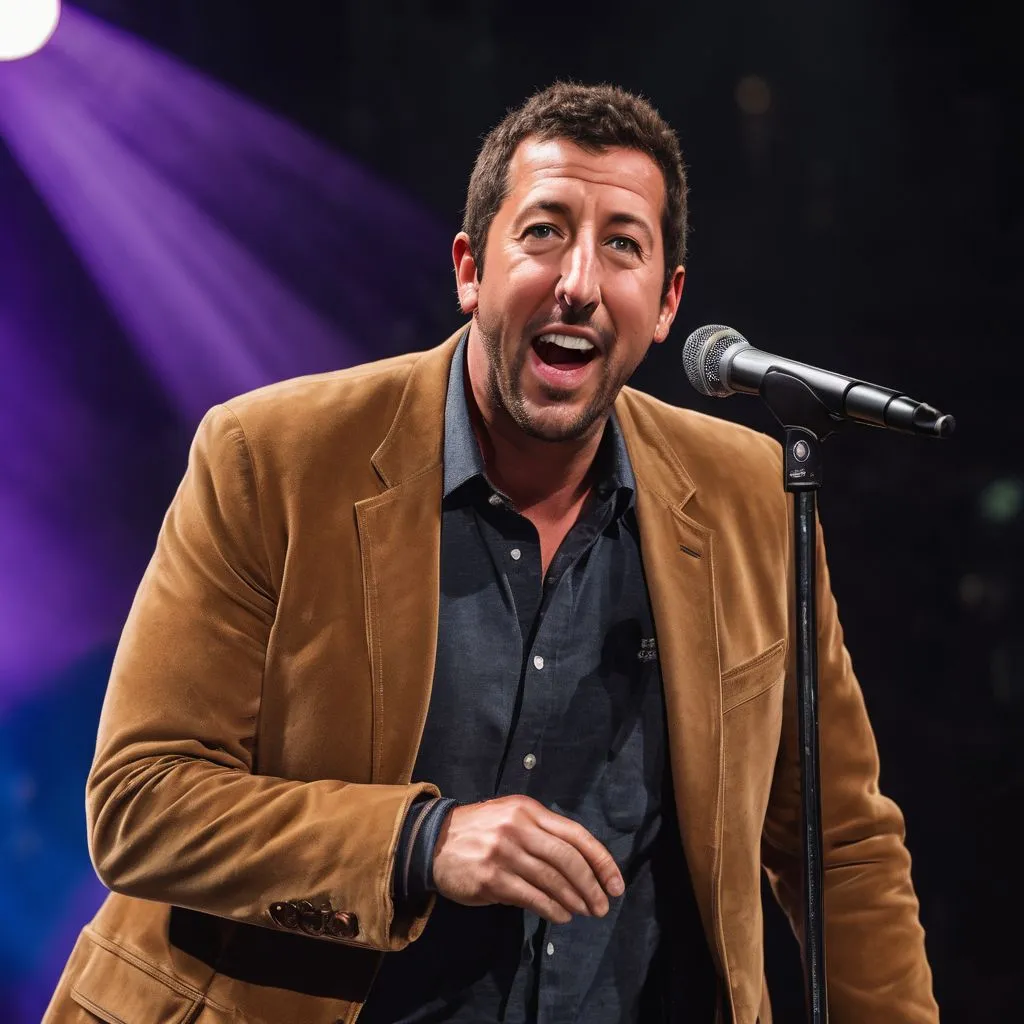 Adam Sandler performing stand-up comedy in front of a cheering crowd.