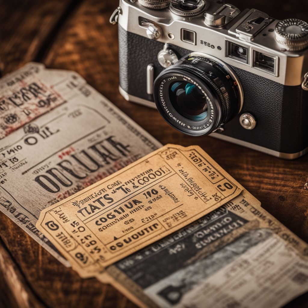 A vintage ticket stub surrounded by country-inspired props in a bustling atmosphere.