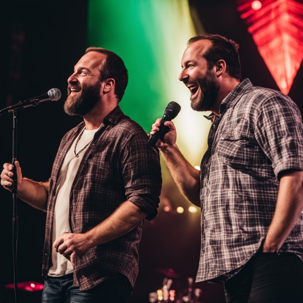 Tom Segura and Bert Kreischer sharing laughter on stage during a stand-up show.