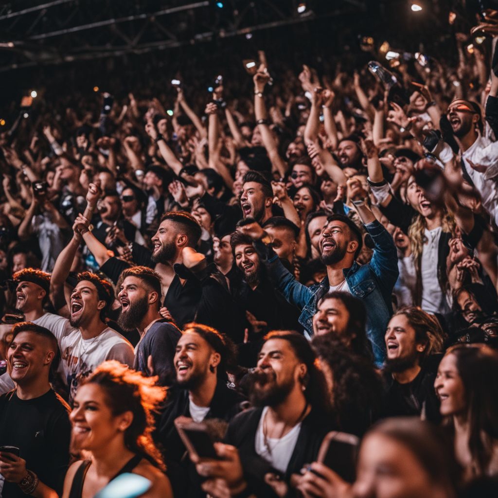Enthusiastic fans cheering at a Bad Bunny concert.