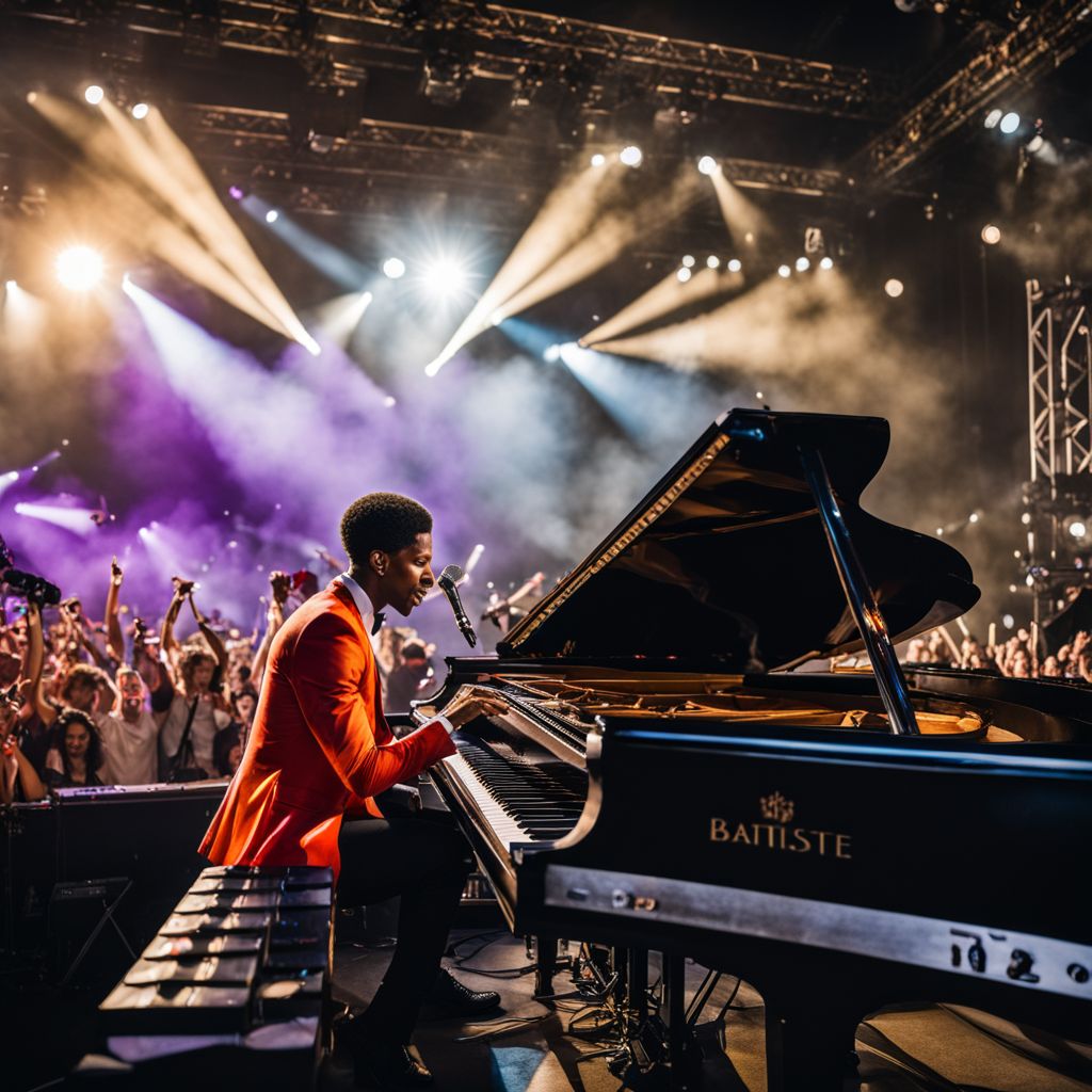 Jon Batiste performing on a grand stage at a bustling music festival.
