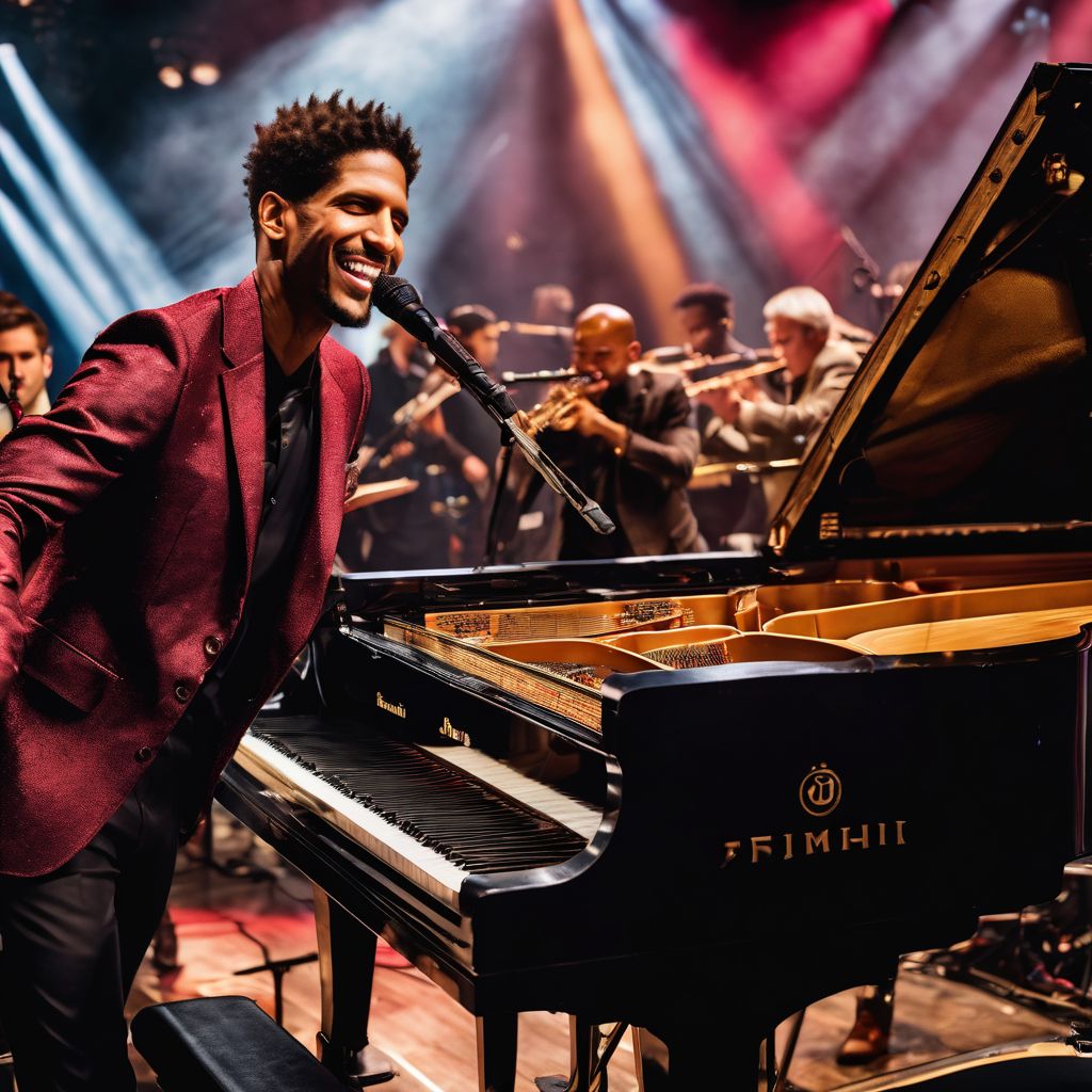 Jon Batiste and a diverse group of musicians performing on stage.
