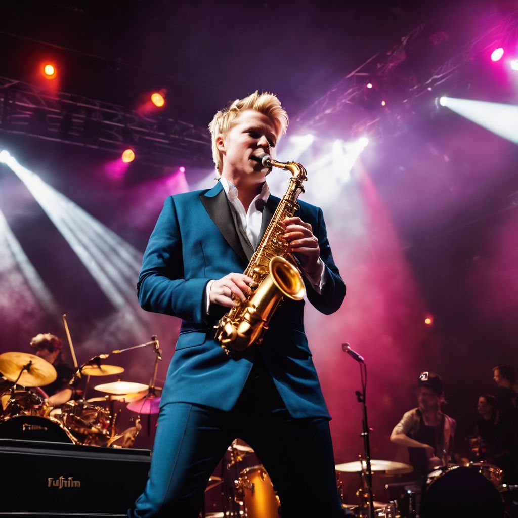 Brian Culbertson playing saxophone on vibrant stage with cheering audience.