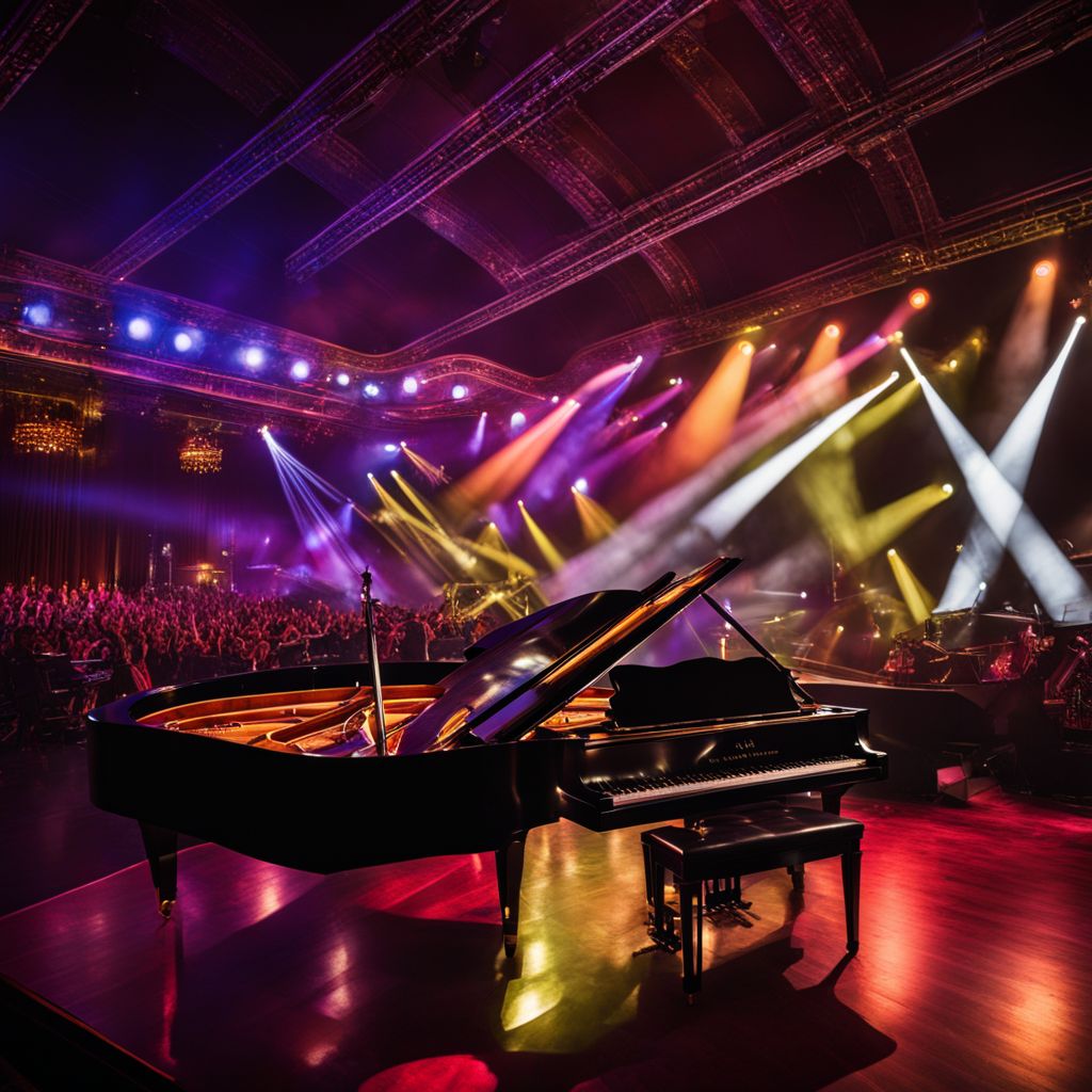 A grand piano under sparkling stage lights at a jazz concert.
