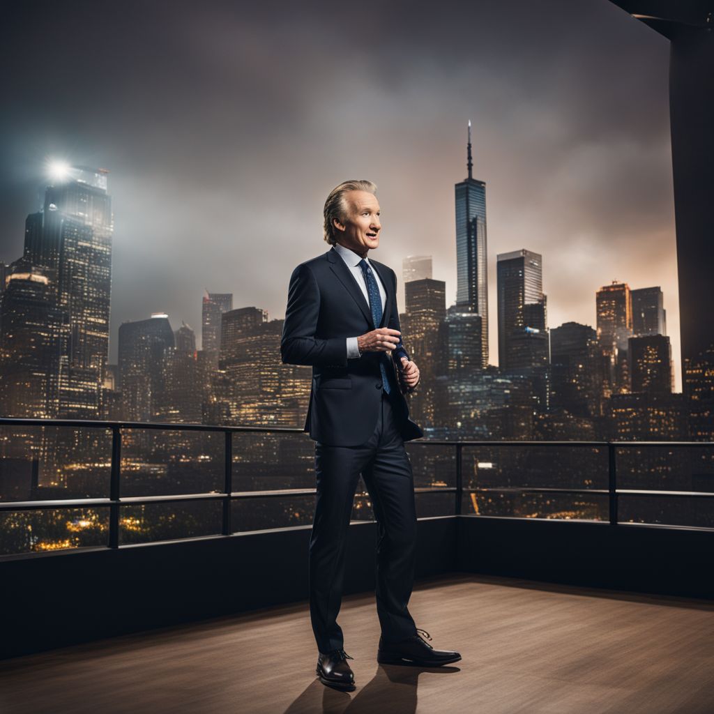 Bill Maher delivering a comedic monologue on stage with city skyline.