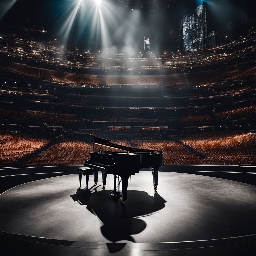 A photo of Billy Joel's tour venues with empty stages and cityscapes.