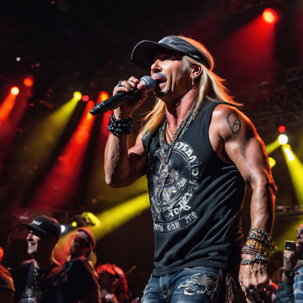 Bret Michaels rocking out on stage with a crowd of cheering fans.