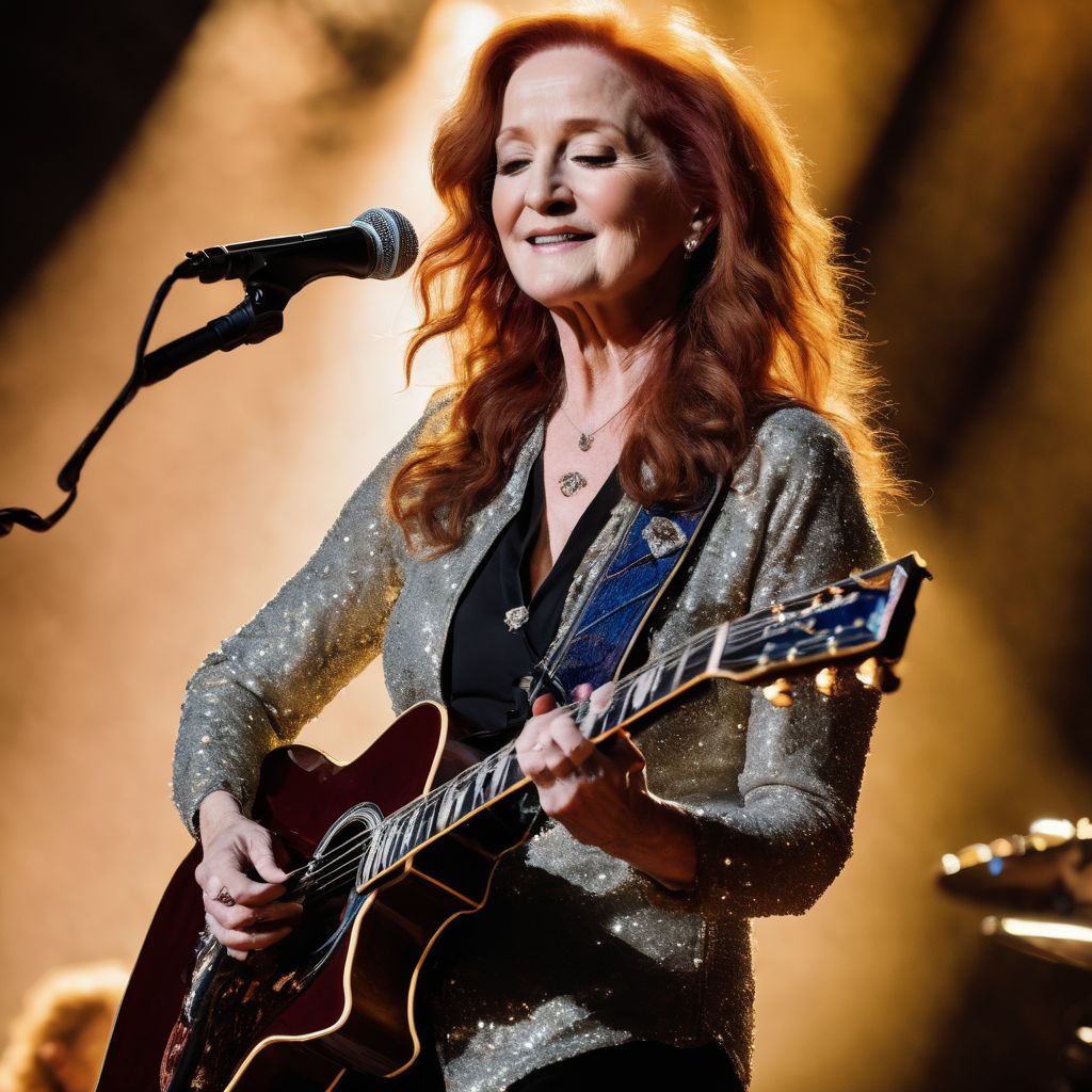 Bonnie Raitt performing on stage with her guitar at a concert.
