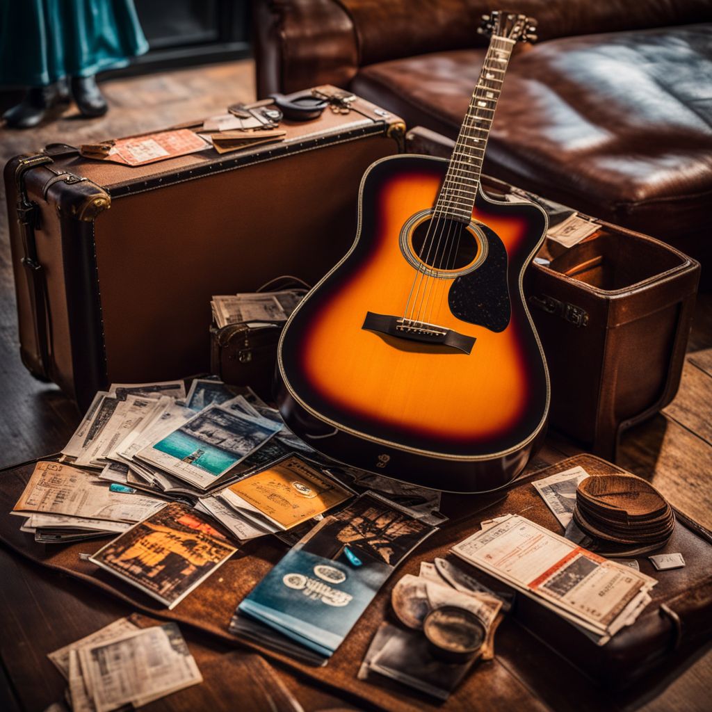 A guitar resting on a vintage suitcase surrounded by concert memorabilia.