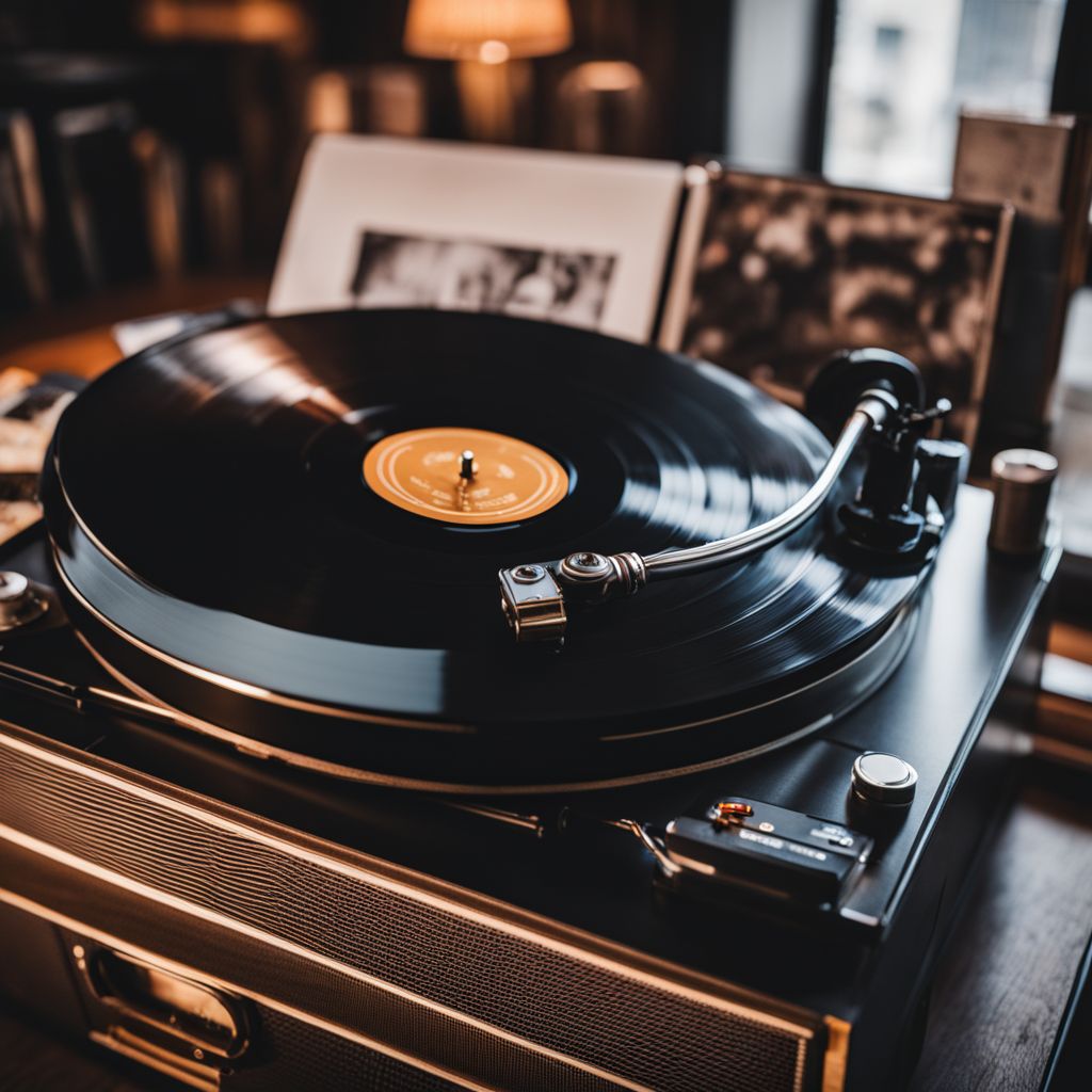 A vintage record player spinning Boyz II Men's vinyl albums surrounded by classic music memorabilia and cityscape photography.