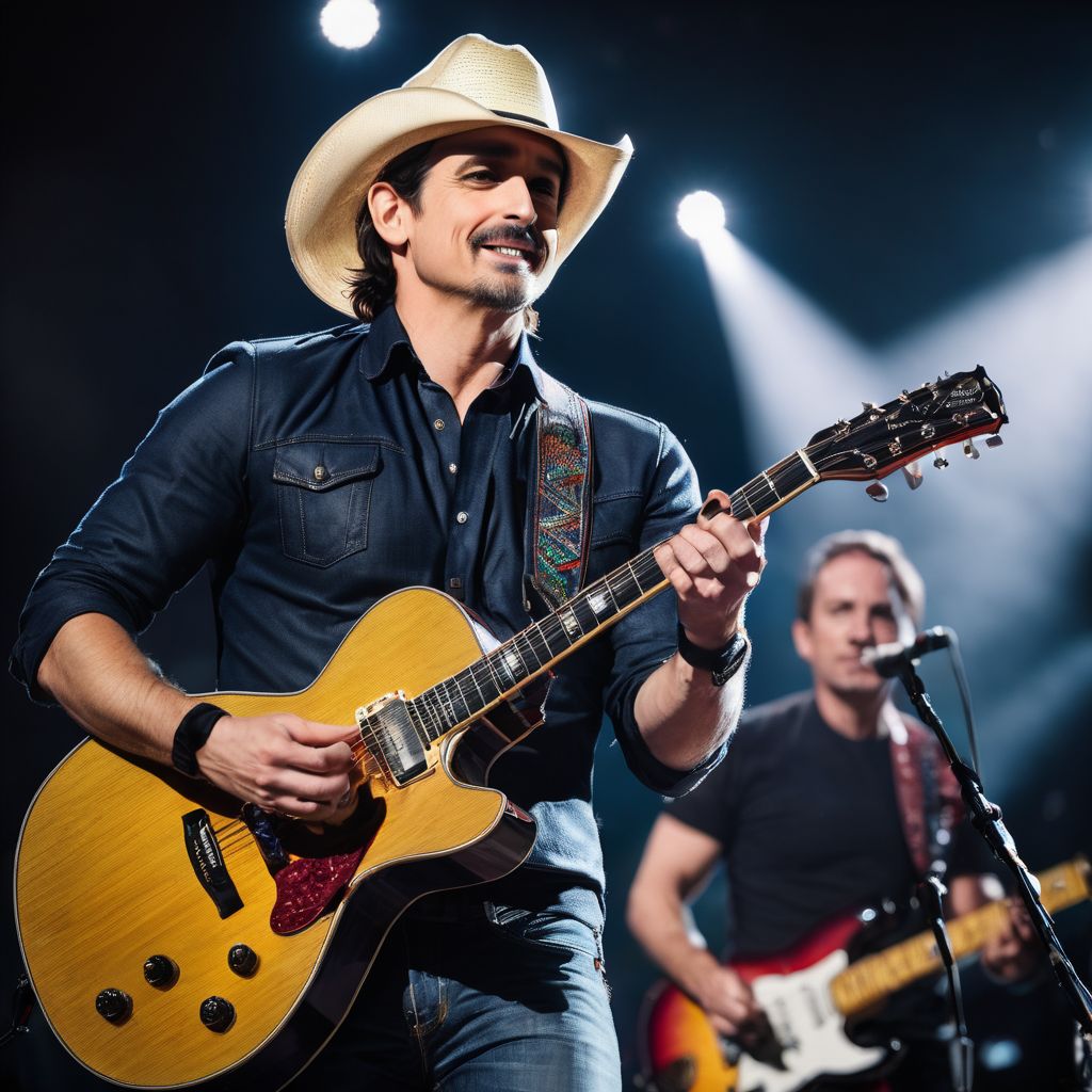 Brad Paisley strums his guitar while surrounded by a crowd of fans.