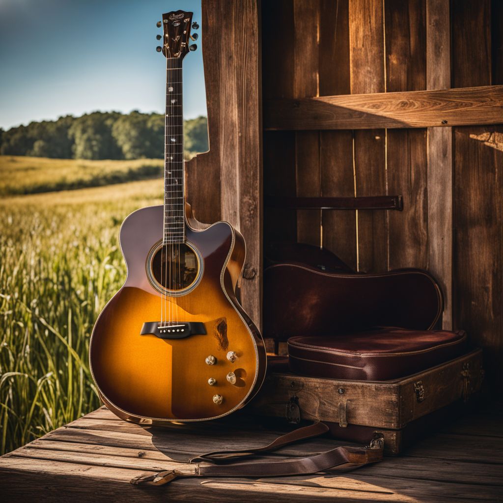 A photo of Brad Paisley's guitar on a vintage stage in a rustic country setting.
