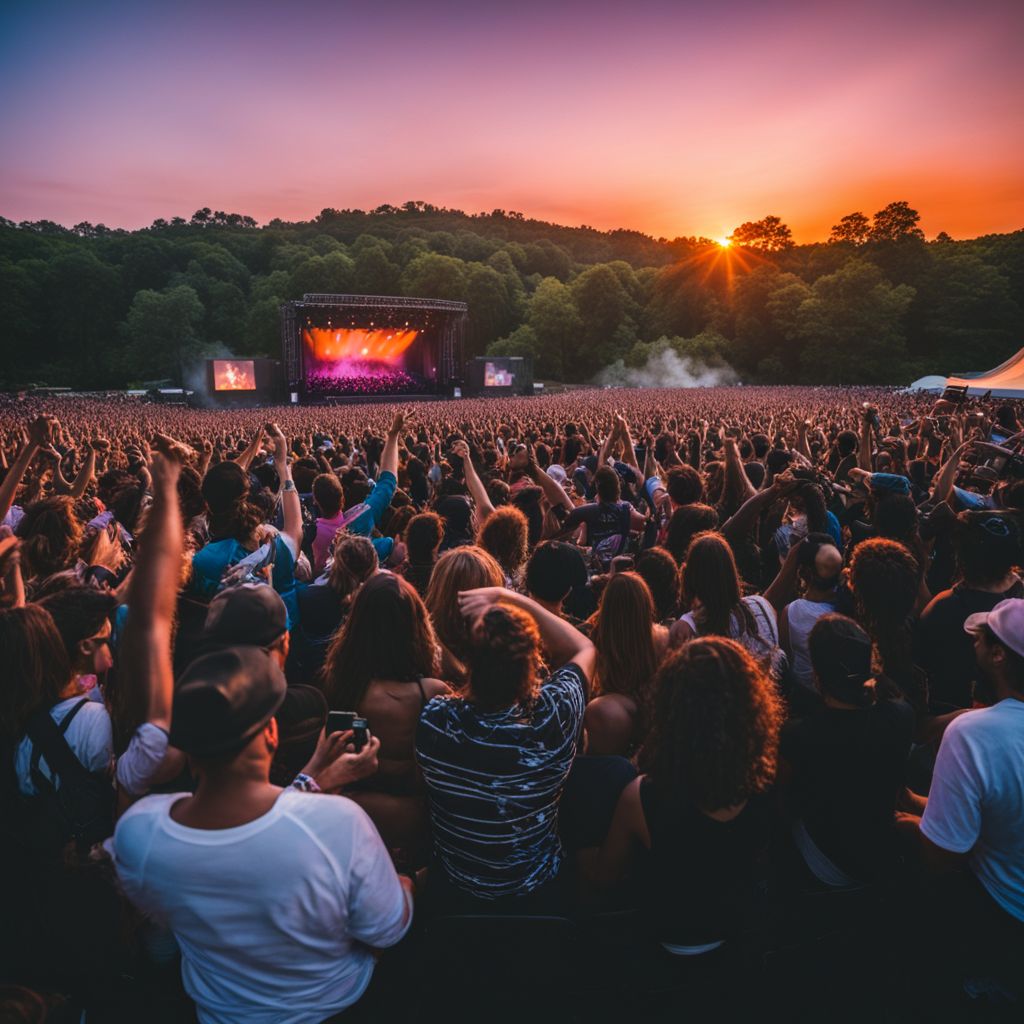 Fans cheering at an outdoor concert during a vibrant sunset.