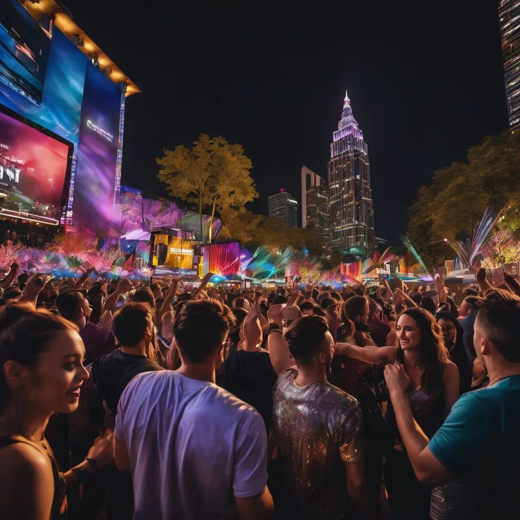 A diverse crowd dancing in a well-lit, bustling atmosphere.