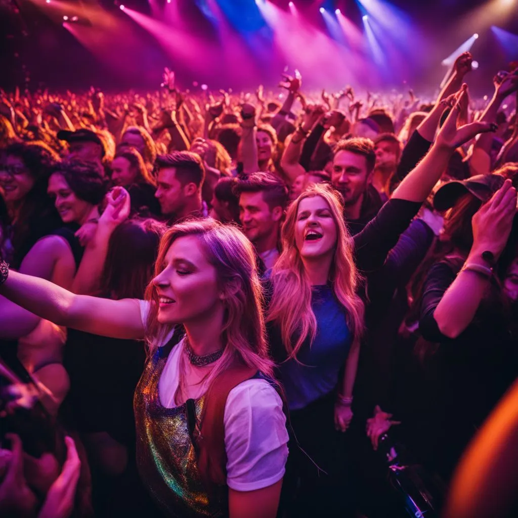 A diverse crowd enjoying a live concert event with colorful stage lights.