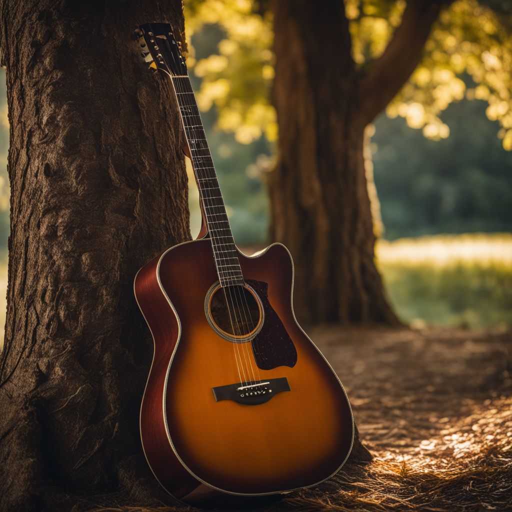 A vintage guitar leaning against a tree in a rustic outdoor setting.