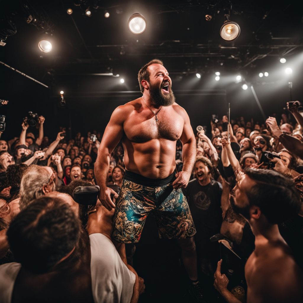 Bert Kreischer performing comedy on stage with a lively audience.