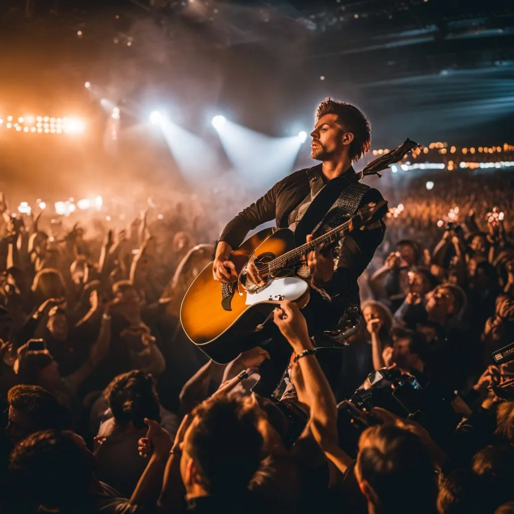 A concert guitar surrounded by cheering fans in a bustling atmosphere.