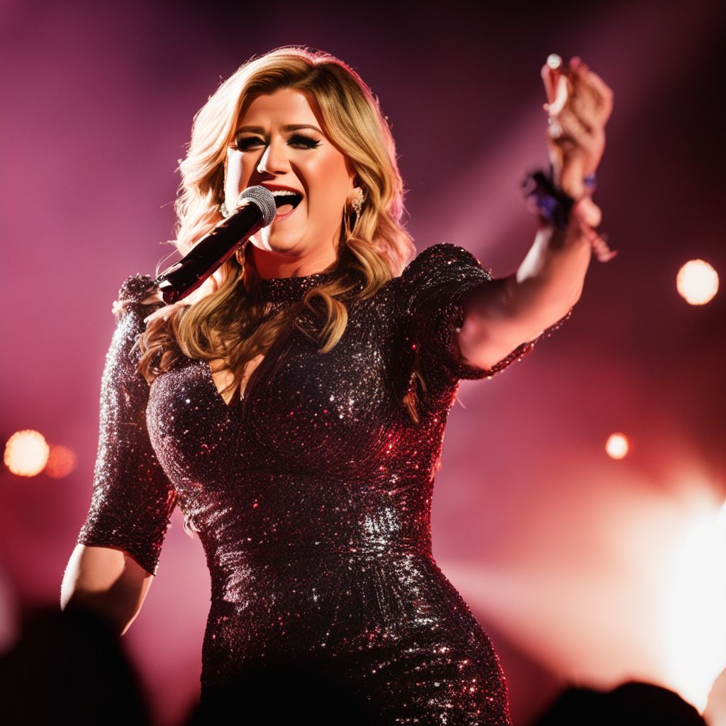 Kelly Clarkson performing live on stage in a packed stadium.