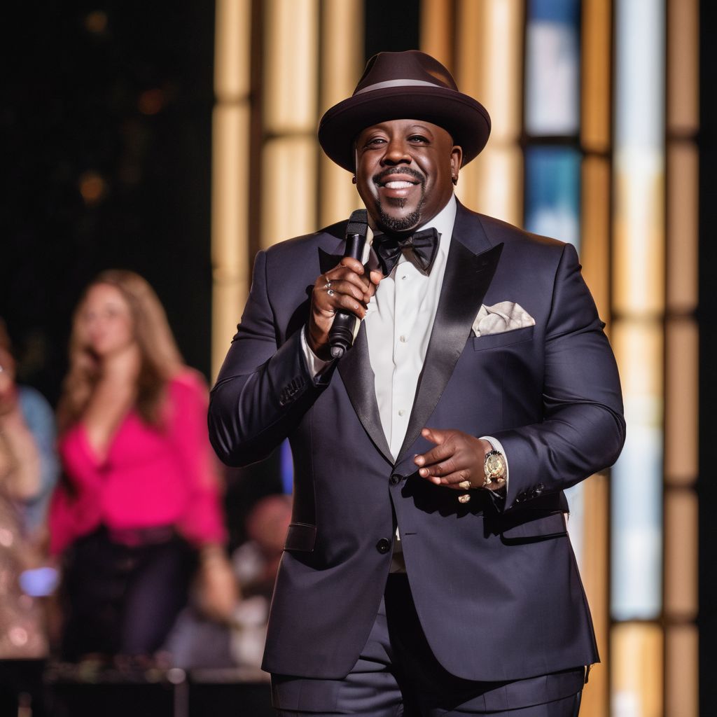 Cedric The Entertainer performing live on stage in vibrant city setting.
