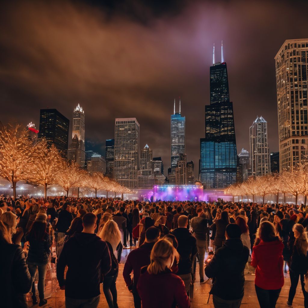 A lively crowd dances to live music in front of Chicago skyline.