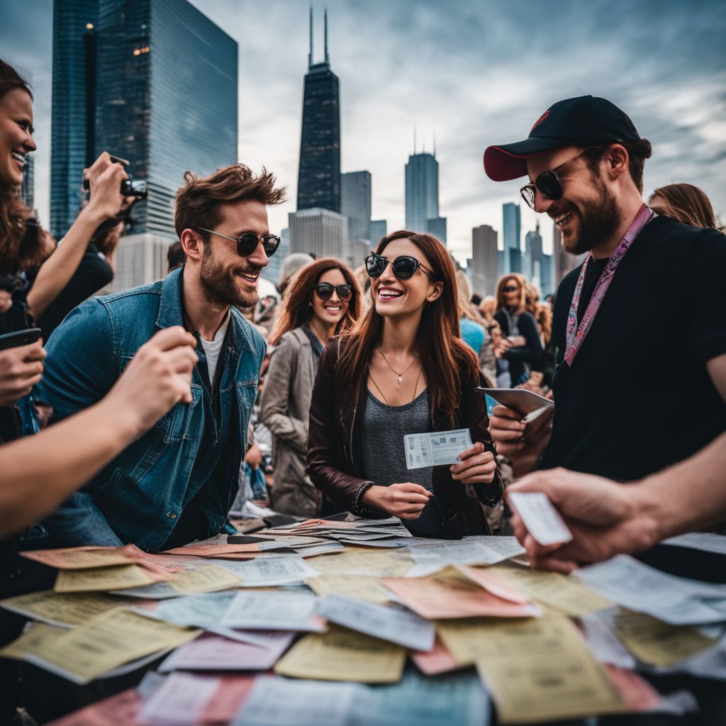 Concert-goers holding Chicago tickets in front of iconic skyline.