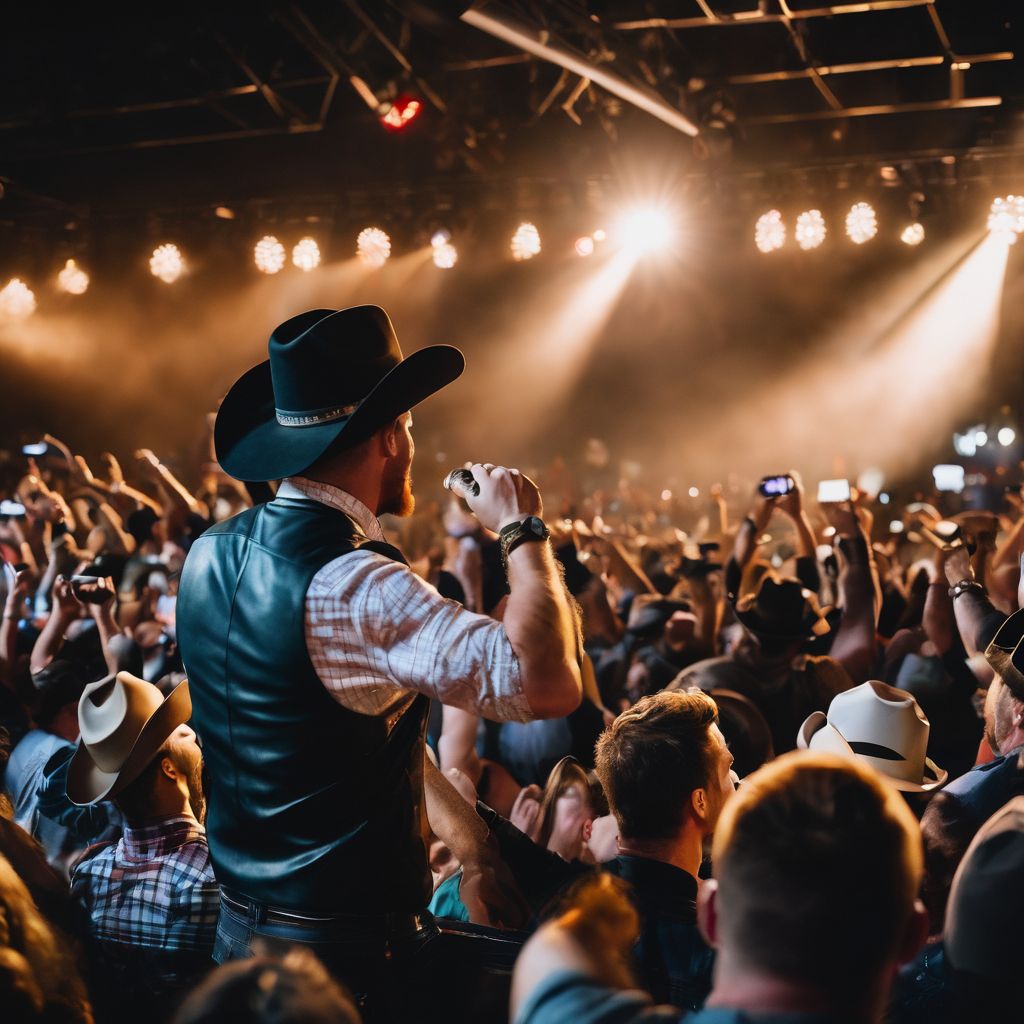 A lively crowd at a Cody Johnson concert in a bustling city.