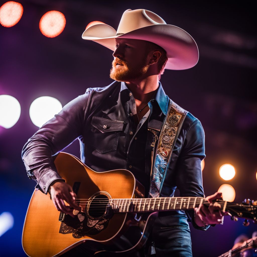 Cody Johnson performing at a lively stadium concert with a bustling atmosphere.