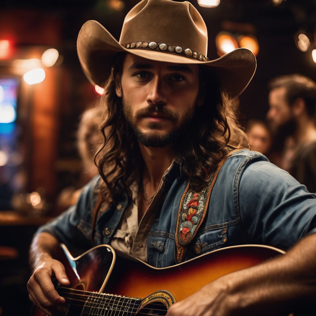 A musician in a cowboy hat playing guitar in a dimly lit bar.