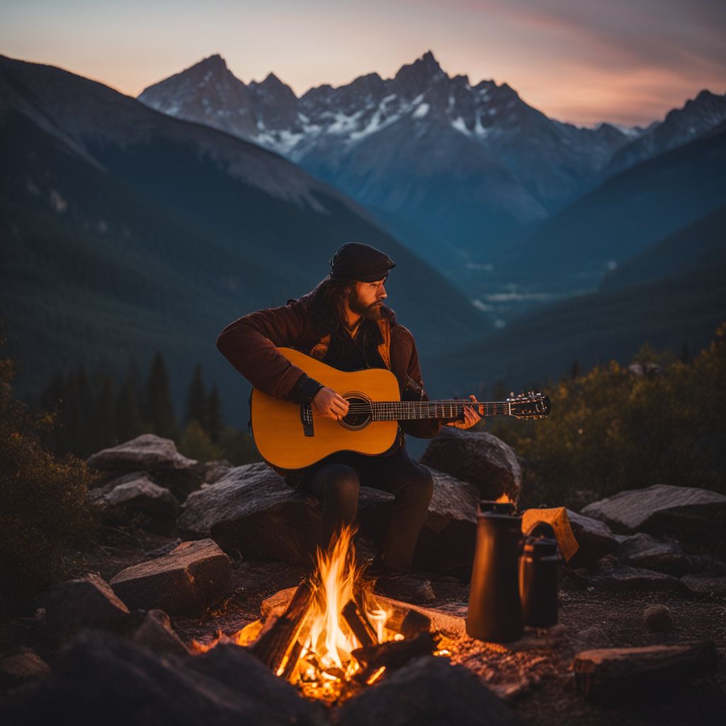 A person playing guitar next to a campfire in the mountains.