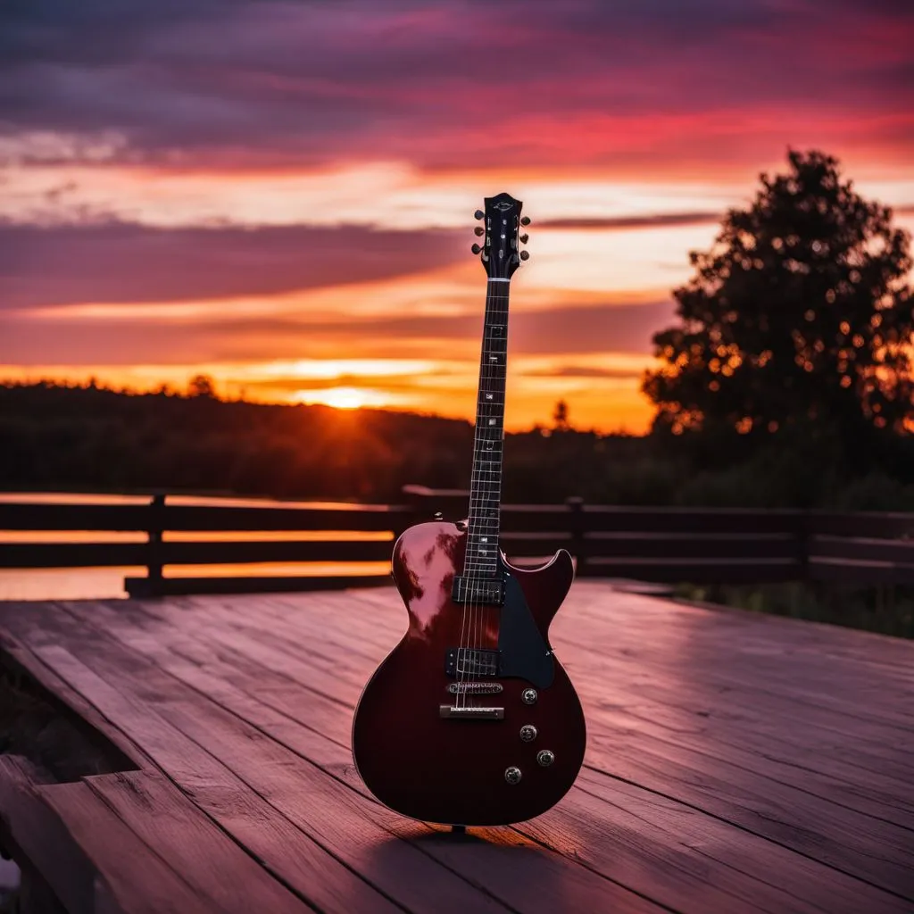A stunning photo of a guitar silhouette against a vibrant sunset.