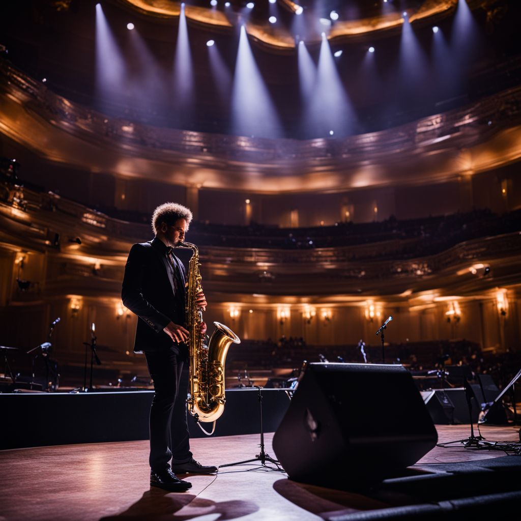 A saxophone on stage in a bustling concert hall.