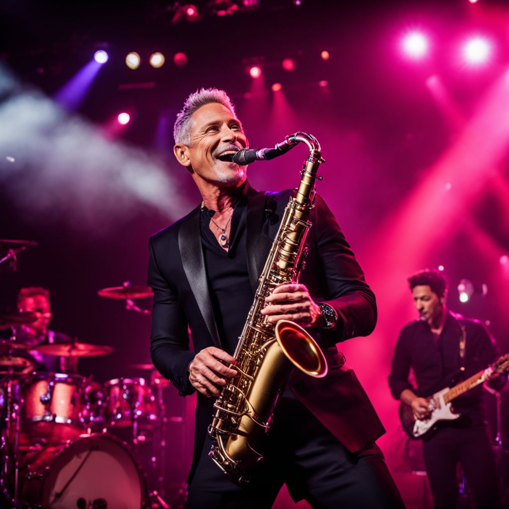 Dave Koz performing live on stage in a vibrant and bustling concert.