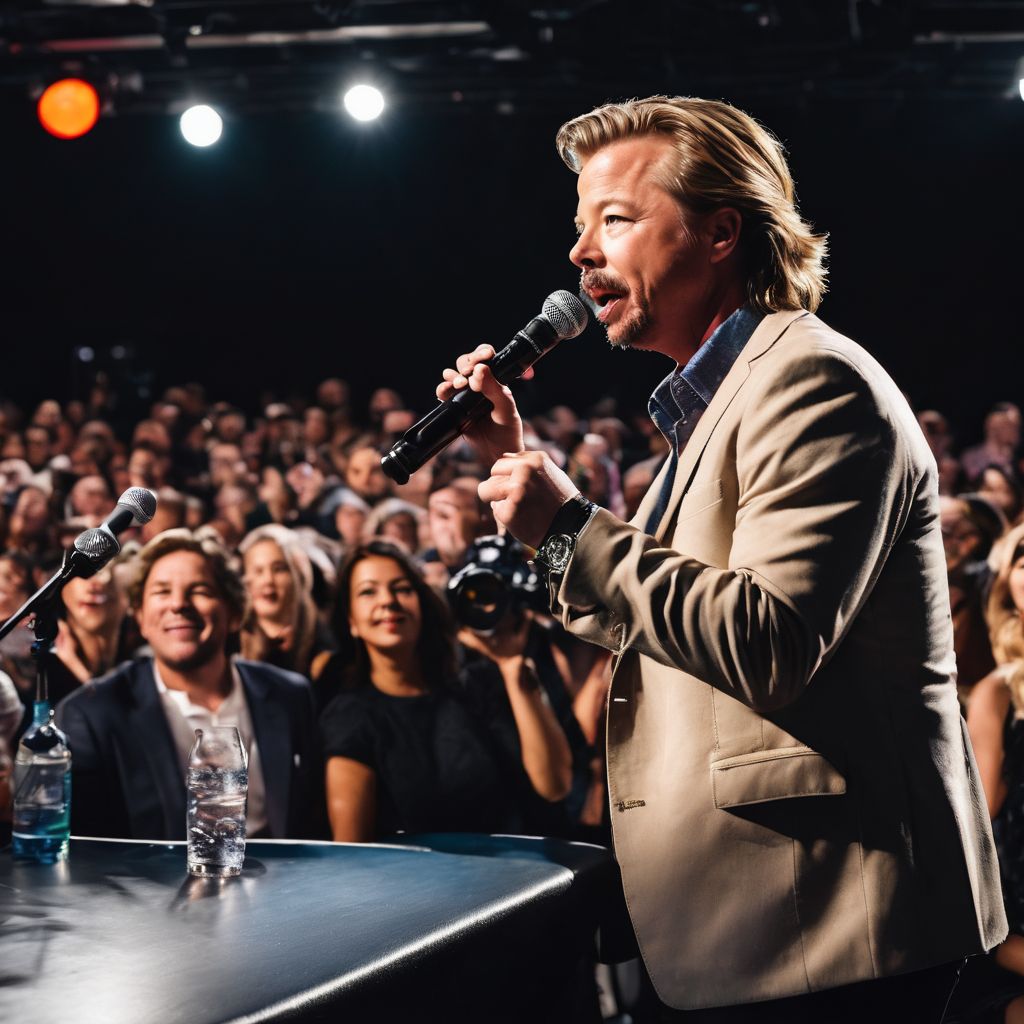 David Spade performs comedy to a lively crowd in a bustling atmosphere.