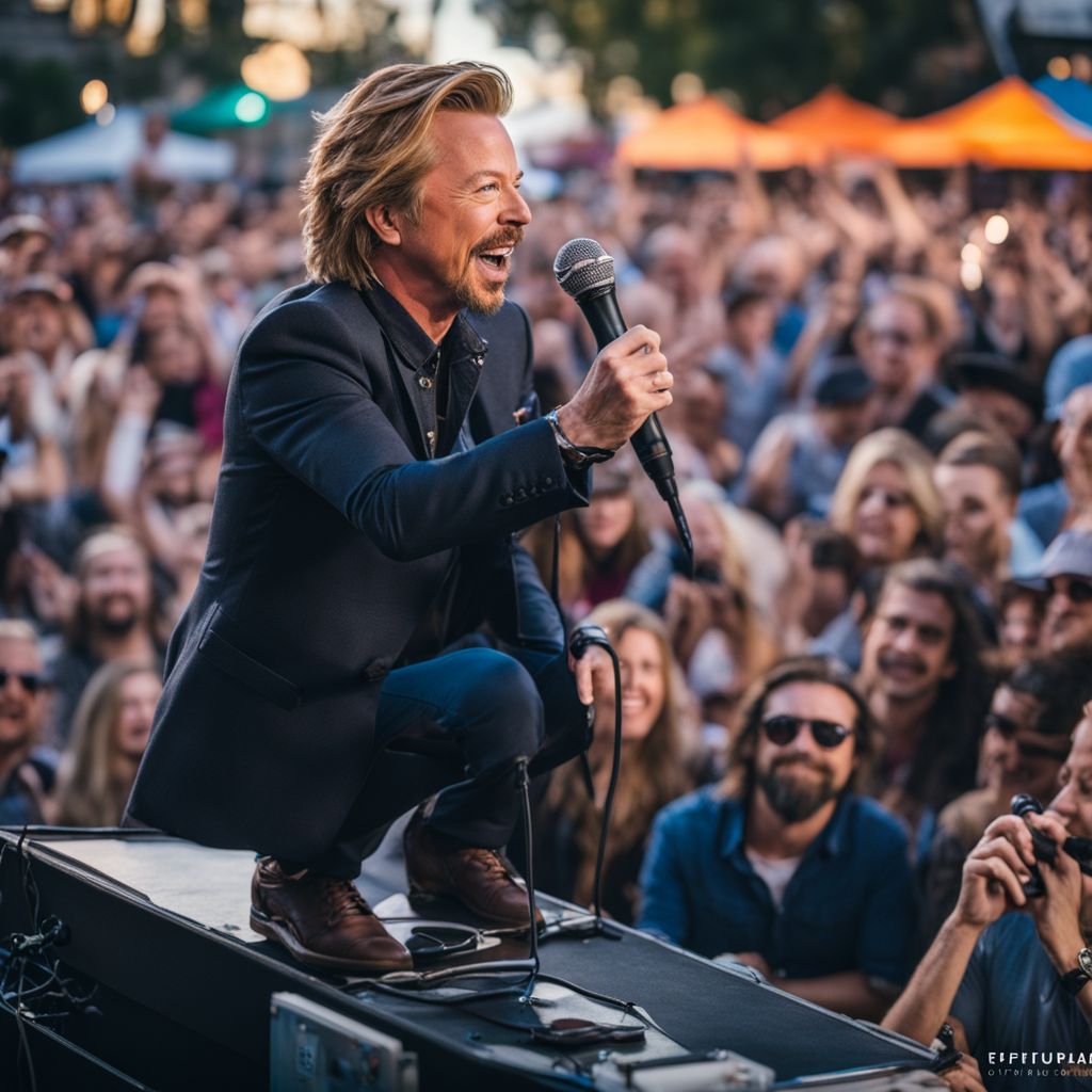 David Spade performing stand-up comedy on stage with a lively crowd.