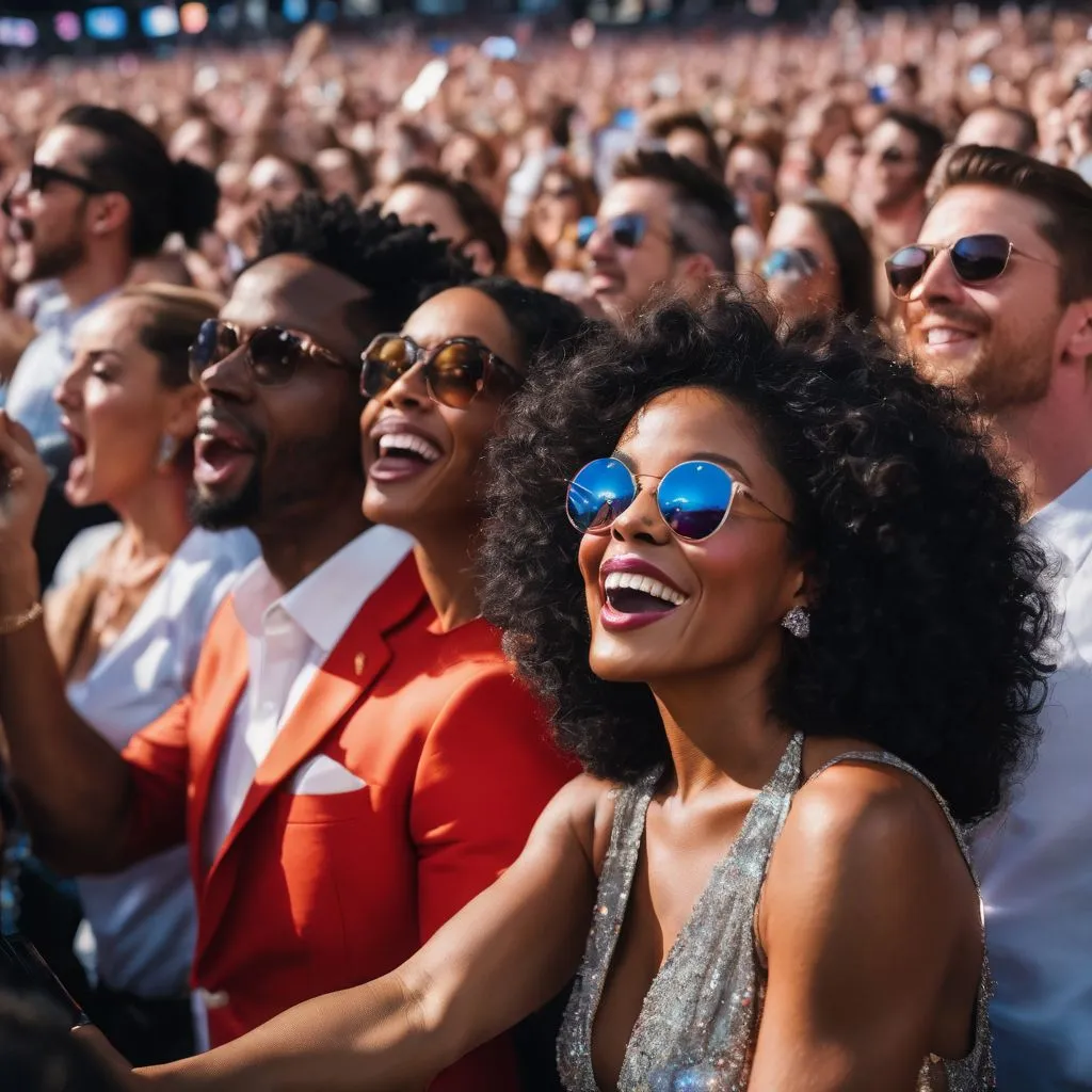 A diverse crowd cheers at a Diana Ross concert in a bustling atmosphere.
