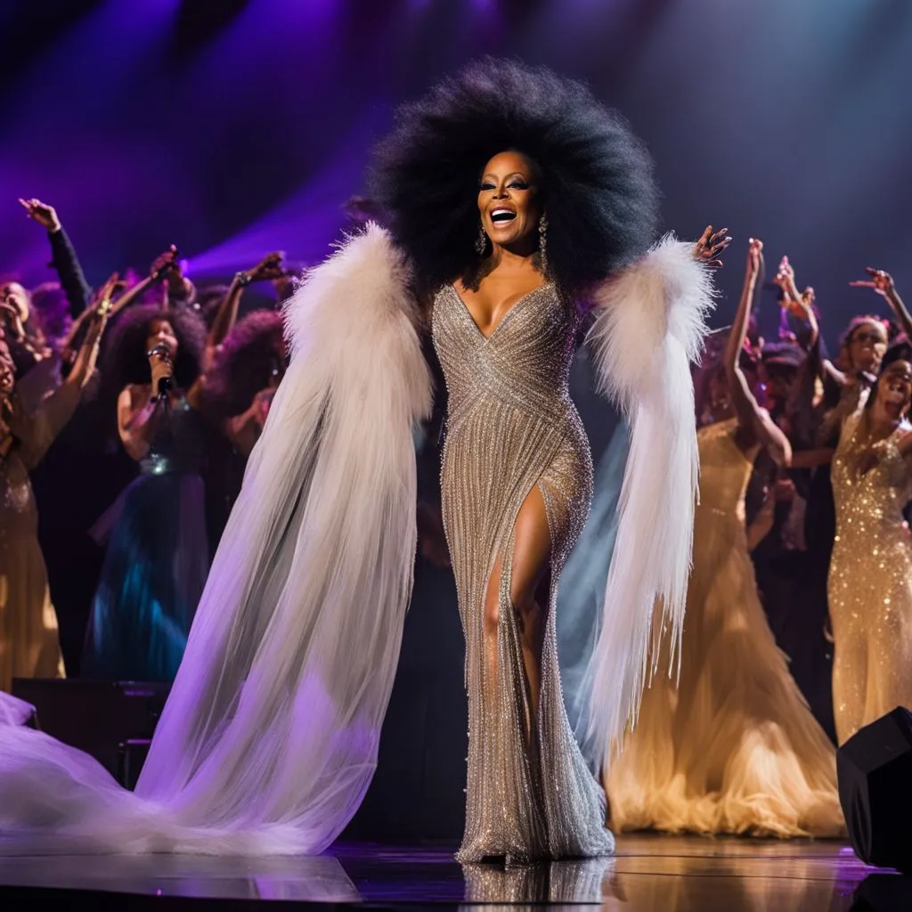 Diana Ross performing on a grand stage in front of a euphoric crowd.