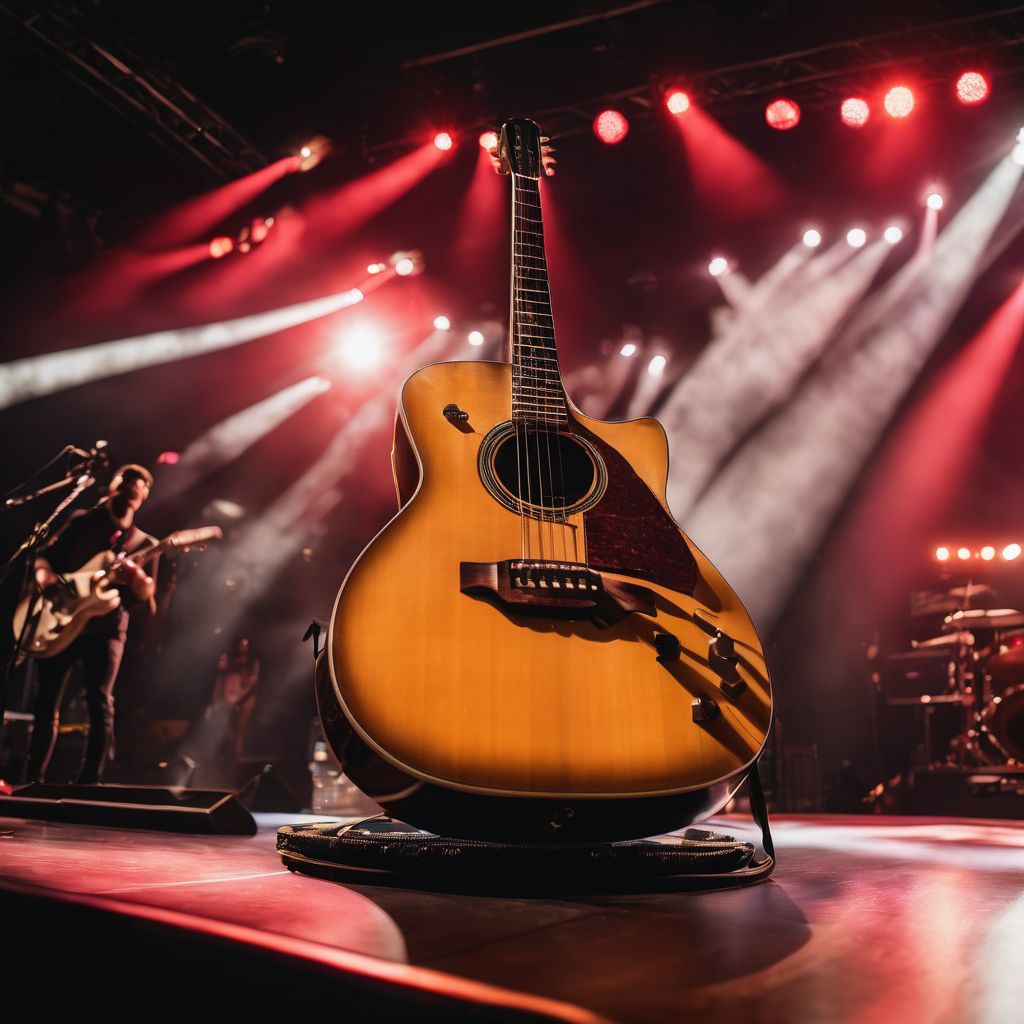 A guitar on stage surrounded by vibrant concert lights and audience.