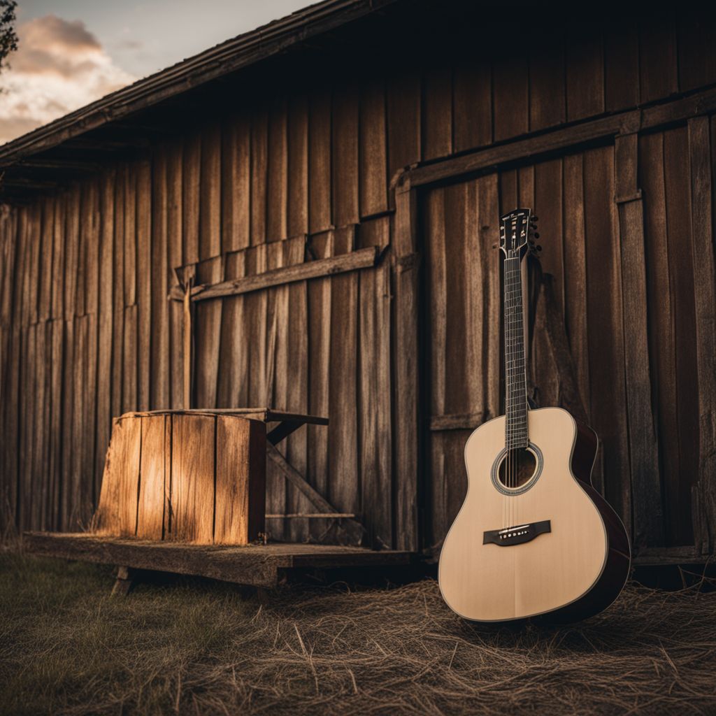Dierks Bentley's guitar against a rustic barn in a scenic countryside.