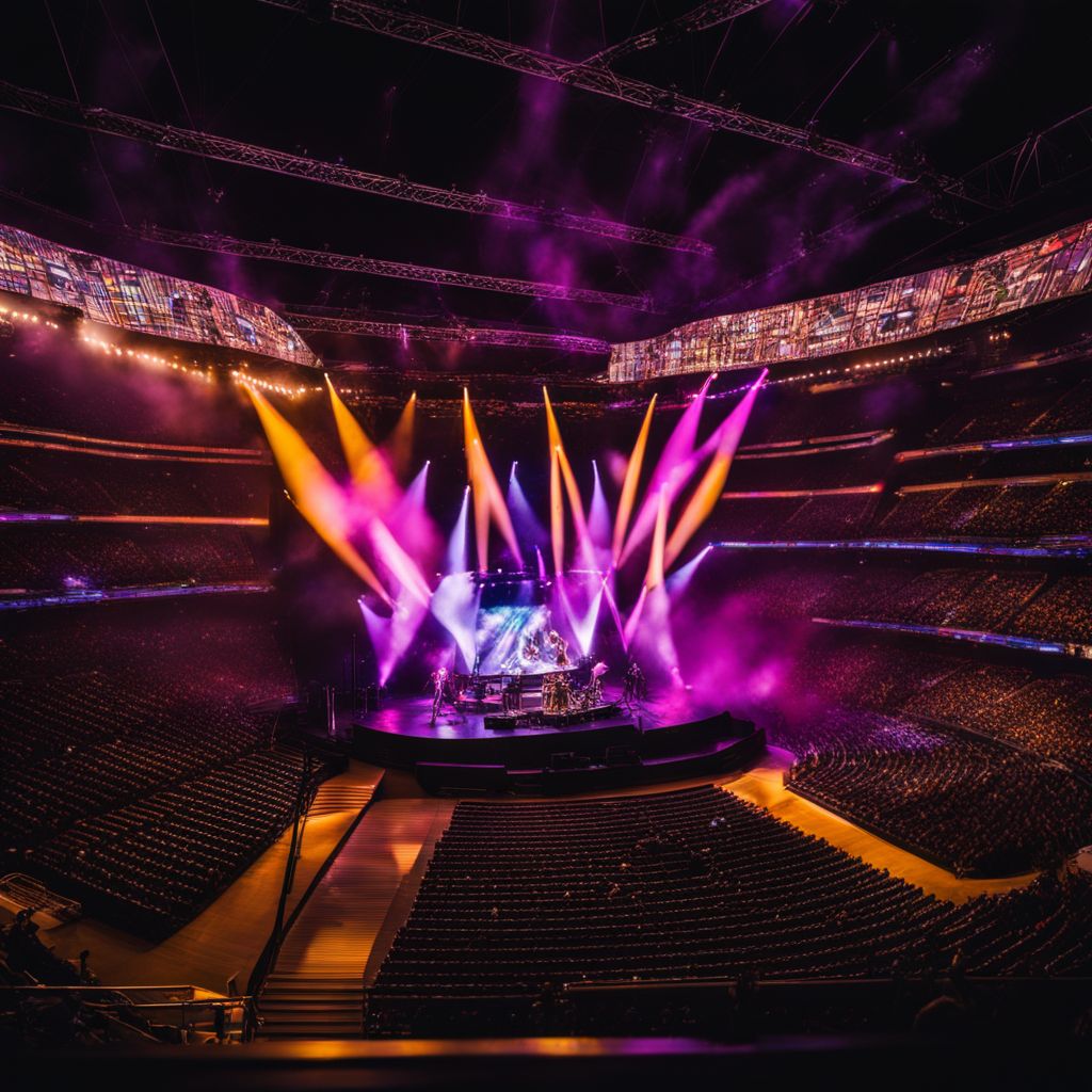 A vibrant stadium stage with a variety of performers and instruments.